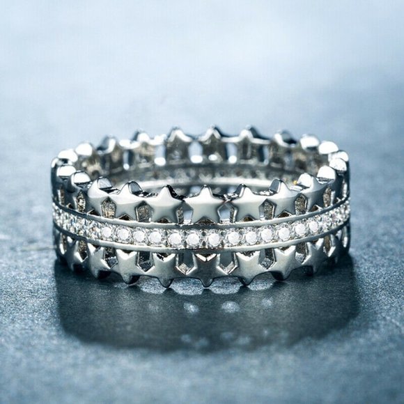 Hip Pop Silver Star Shaped Cubic Zircon Ring - Picture 2 of 4